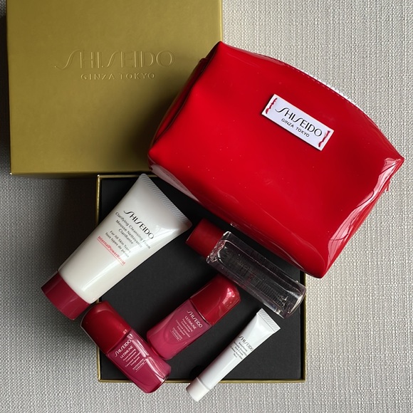 Shiseido travel sized products with makeup pouch and gift box